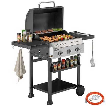 9 kW (≈30,700 BTU) 3-Burner Stainless Steel Gas Grill Cart — Foldable Side Shelves, Spice Rack, Warming Rack, Enamel Grates, Wheels