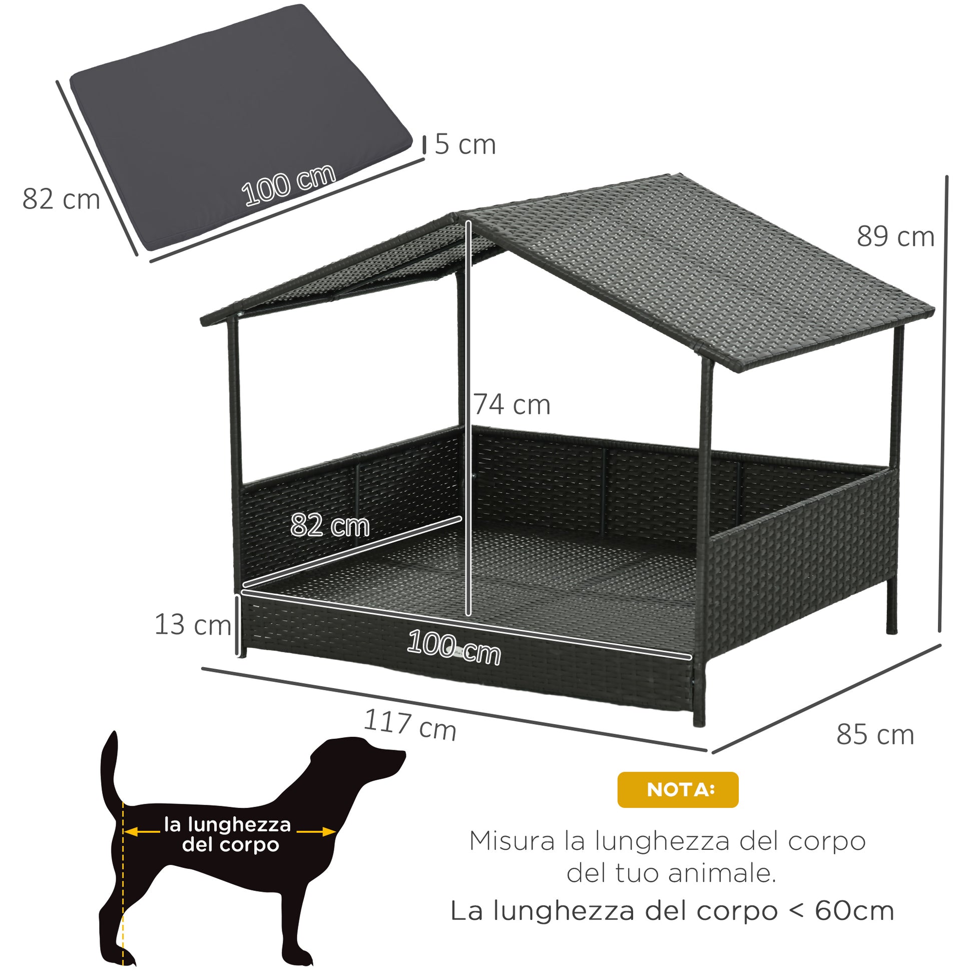 Raised Dog House in Capanna Shape with Removable Cushion and Railings, Rattan PE and Steel Dog House, 117 x 85 x 89 cm, Gray and Dark Brown