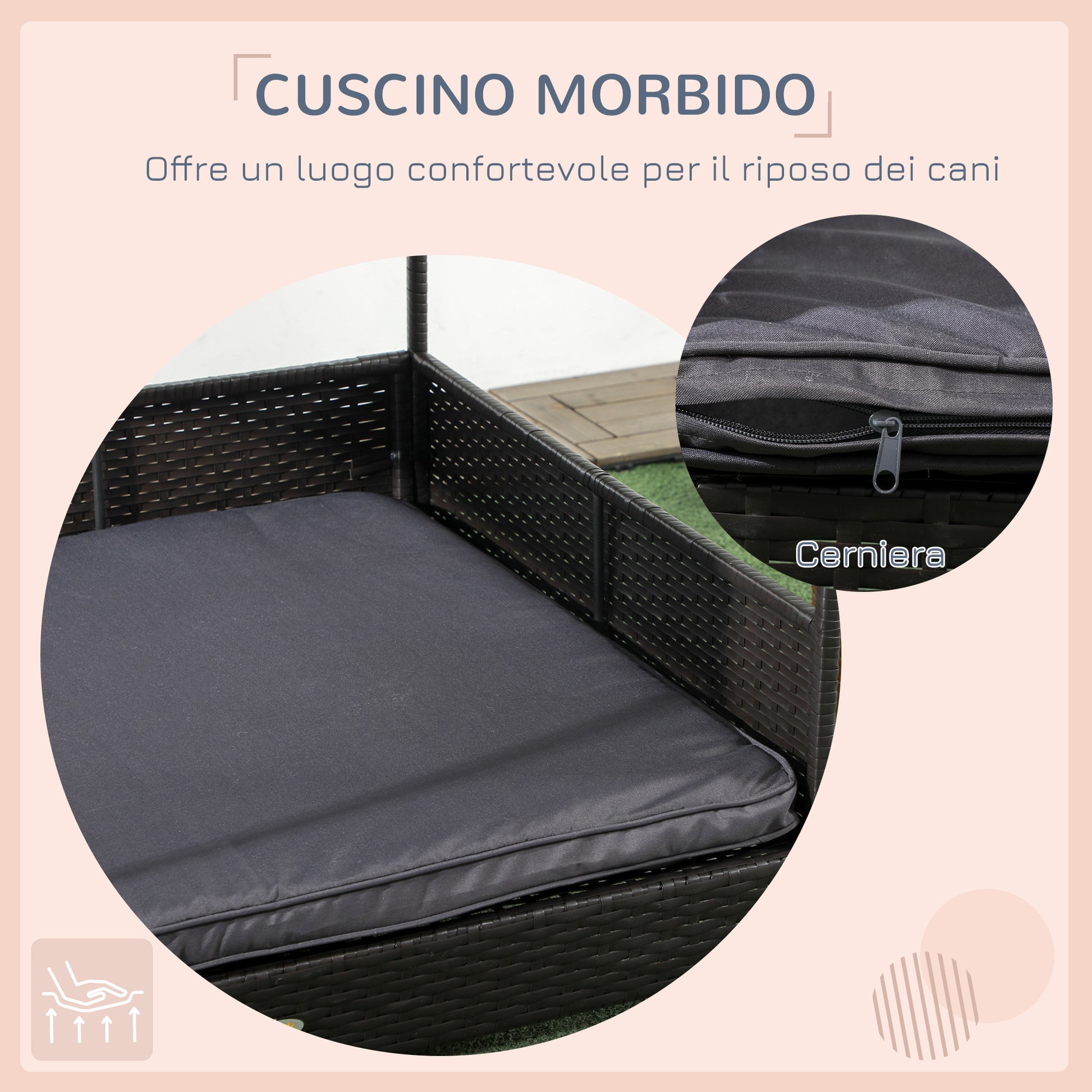 Raised Dog House in Capanna Shape with Removable Cushion and Railings, Rattan PE and Steel Dog House, 117 x 85 x 89 cm, Gray and Dark Brown