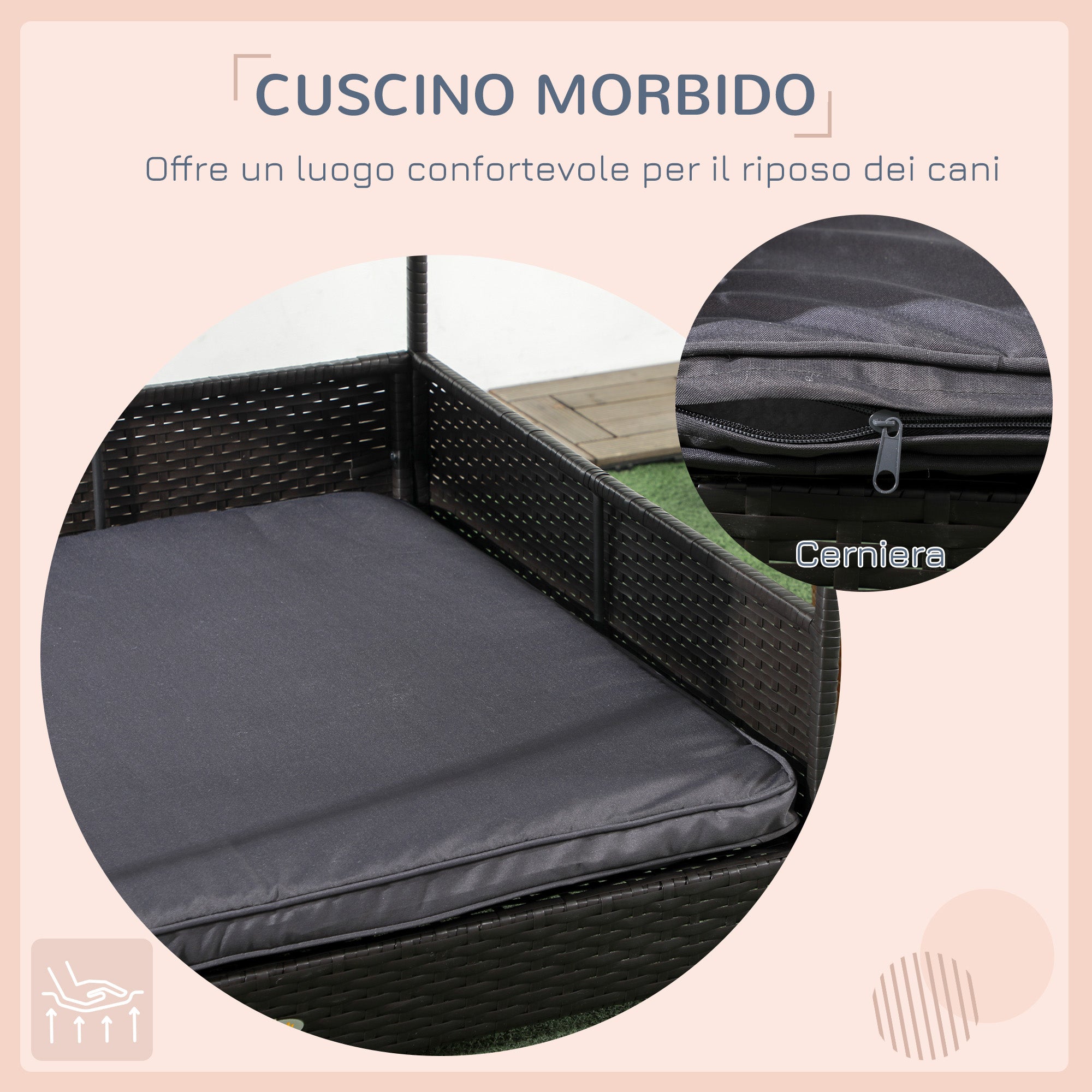 Raised Dog House in Capanna Shape with Removable Cushion and Railings, Rattan PE and Steel Dog House, 117 x 85 x 89 cm, Gray and Dark Brown