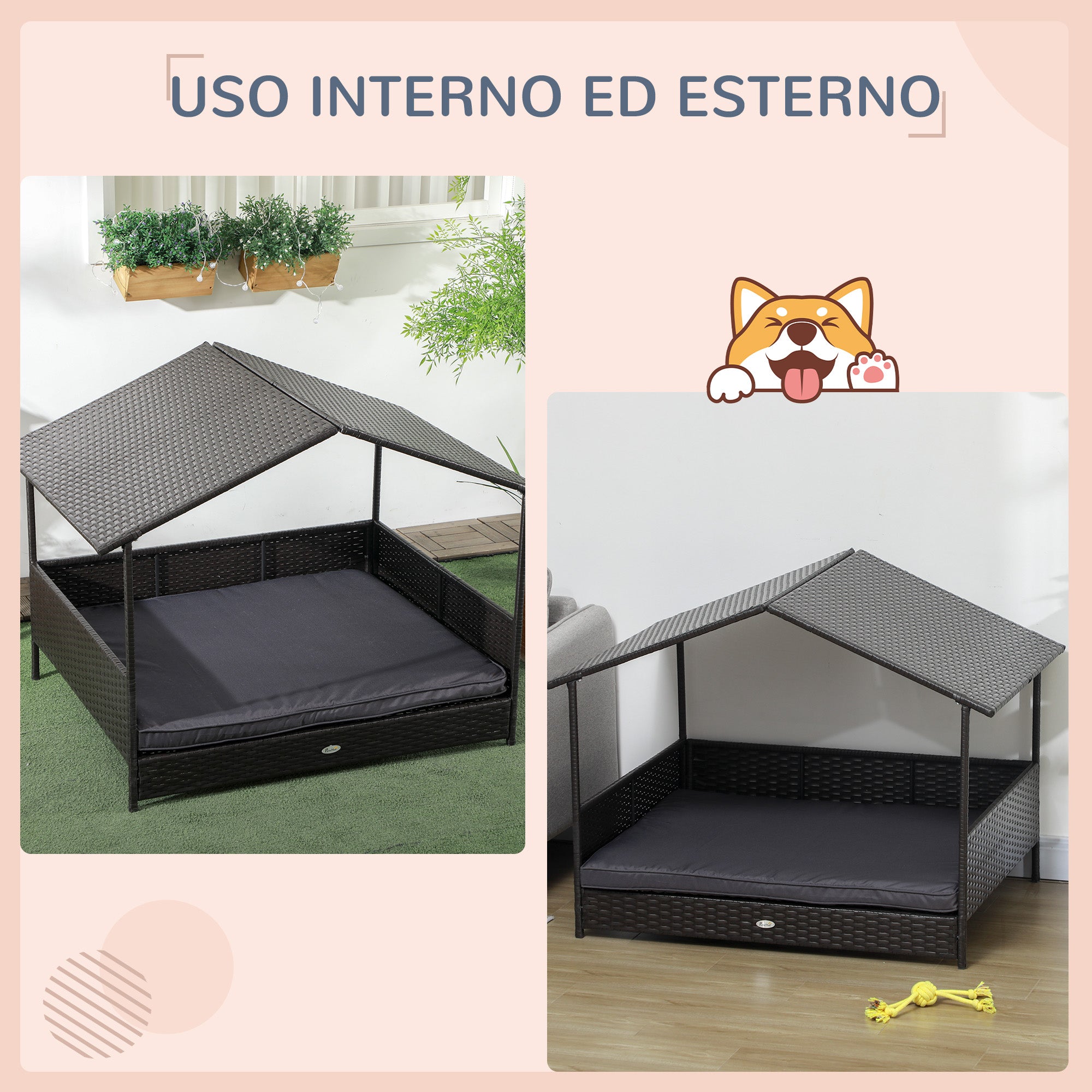 Raised Dog House in Capanna Shape with Removable Cushion and Railings, Rattan PE and Steel Dog House, 117 x 85 x 89 cm, Gray and Dark Brown
