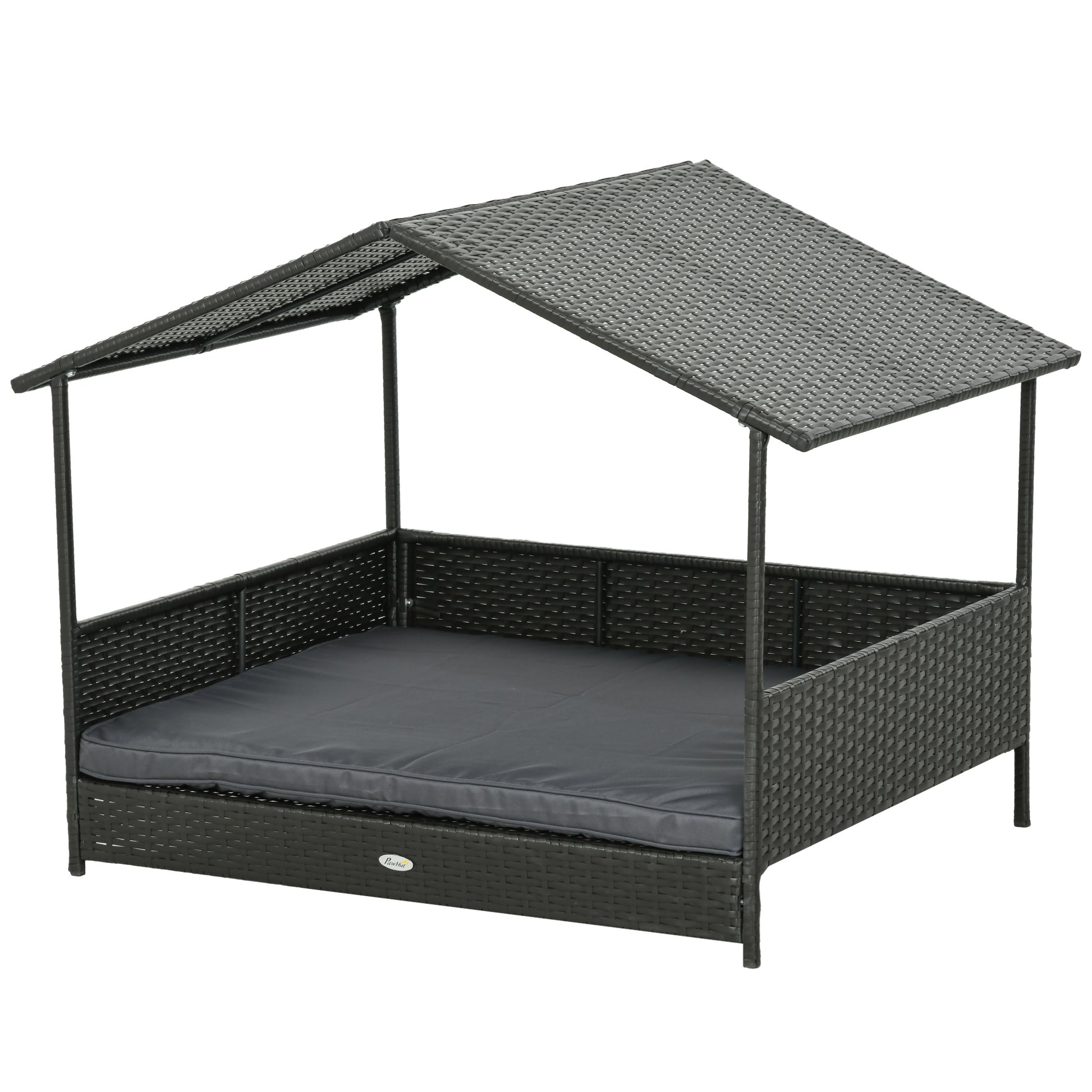 Raised Dog House in Capanna Shape with Removable Cushion and Railings, Rattan PE and Steel Dog House, 117 x 85 x 89 cm, Gray and Dark Brown