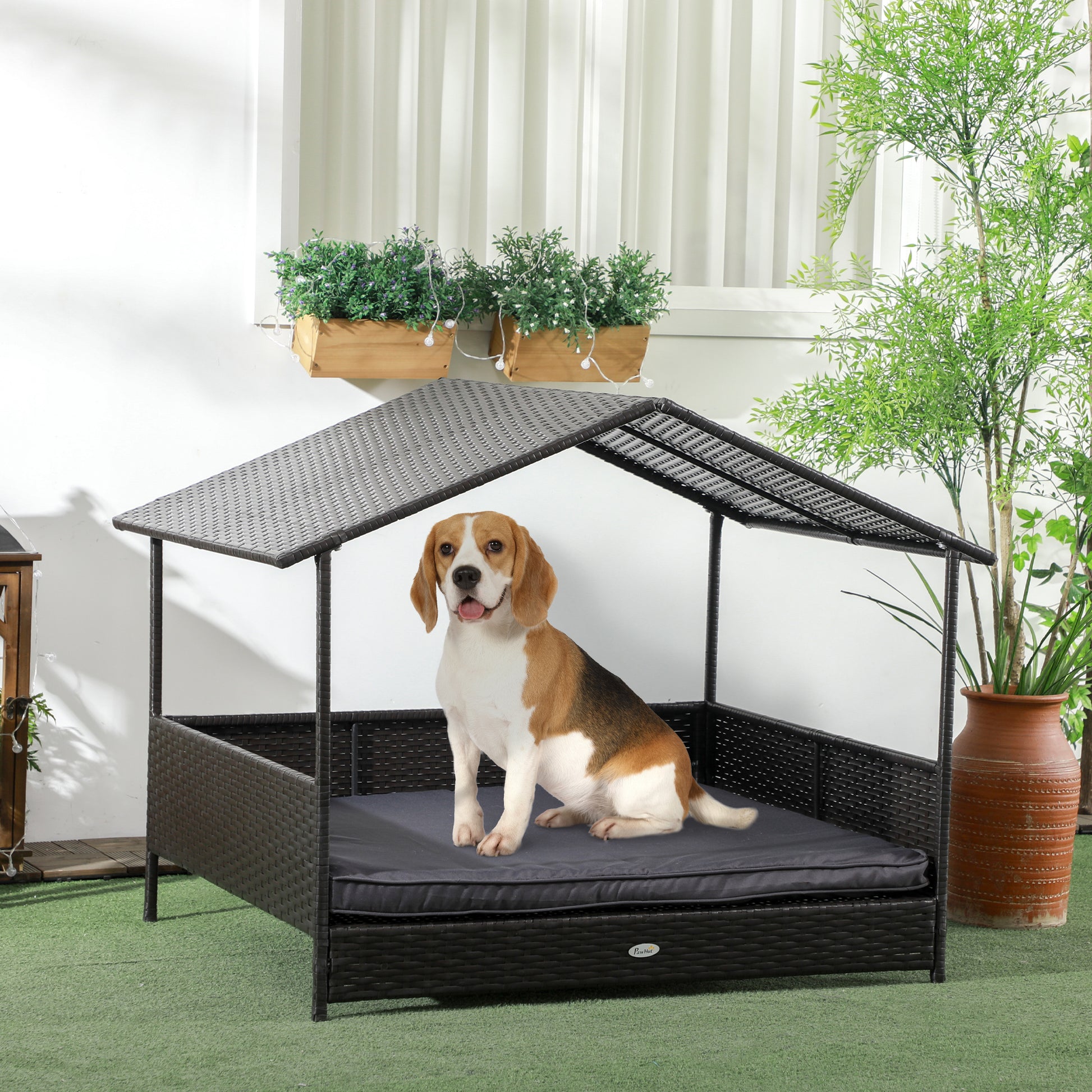 Raised Dog House in Capanna Shape with Removable Cushion and Railings, Rattan PE and Steel Dog House, 117 x 85 x 89 cm, Gray and Dark Brown