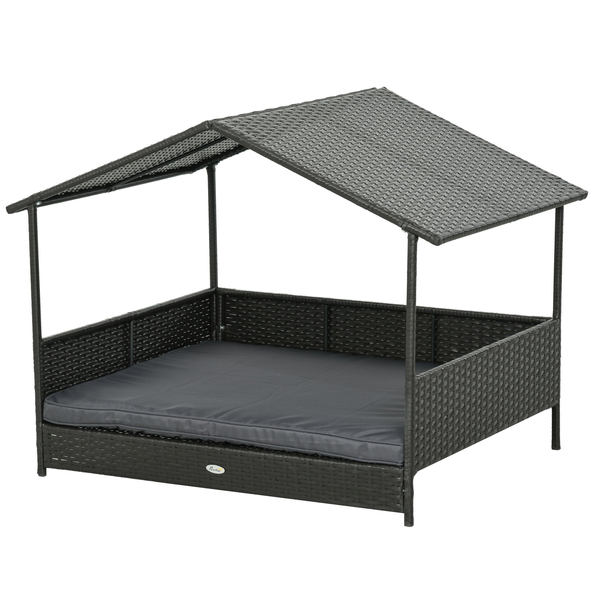 Raised Dog House in Capanna Shape with Removable Cushion and Railings, Rattan PE and Steel Dog House, 117 x 85 x 89 cm, Gray and Dark Brown