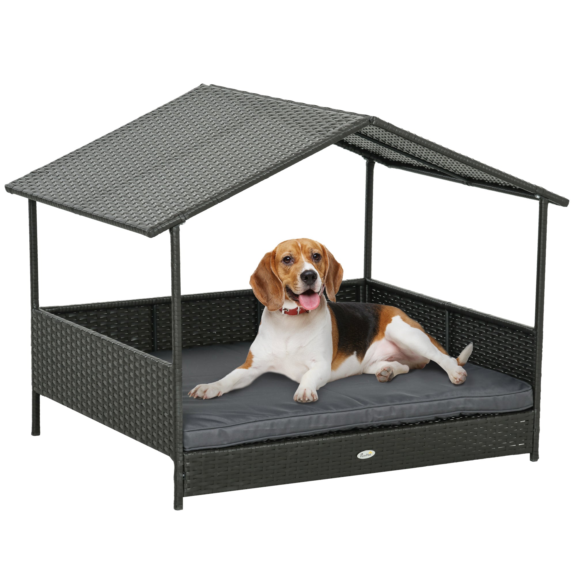 Raised Dog House in Capanna Shape with Removable Cushion and Railings, Rattan PE and Steel Dog House, 117 x 85 x 89 cm, Gray and Dark Brown