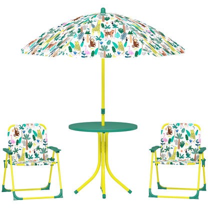 4-Piece Children's Garden Table & Chairs — Folding Kids Table with Detachable Umbrella, Jungle Design, Green