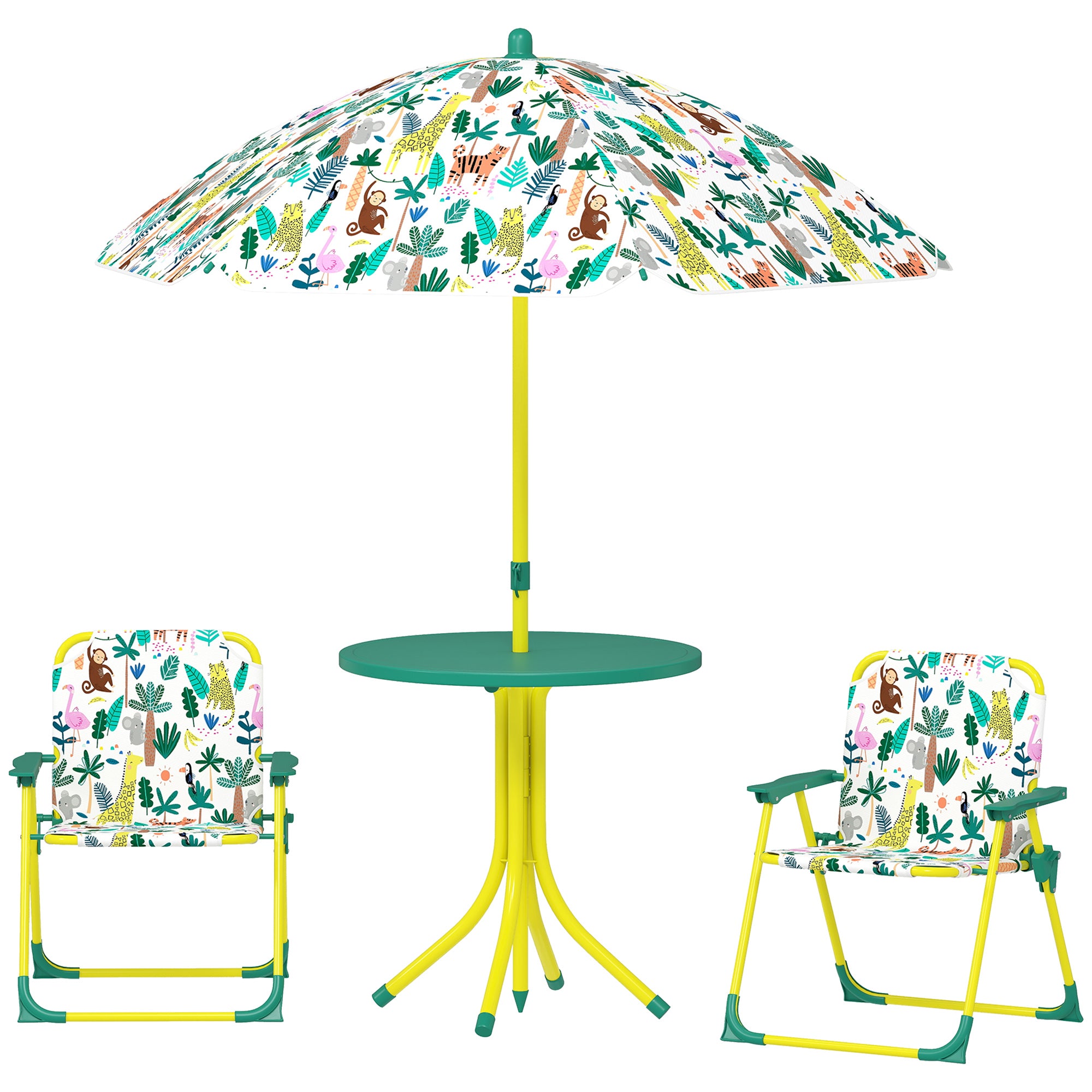 4-Piece Children's Garden Table & Chairs — Folding Kids Table with Detachable Umbrella, Jungle Design, Green