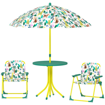 4-Piece Children's Garden Table & Chairs — Folding Kids Table with Detachable Umbrella, Jungle Design, Green