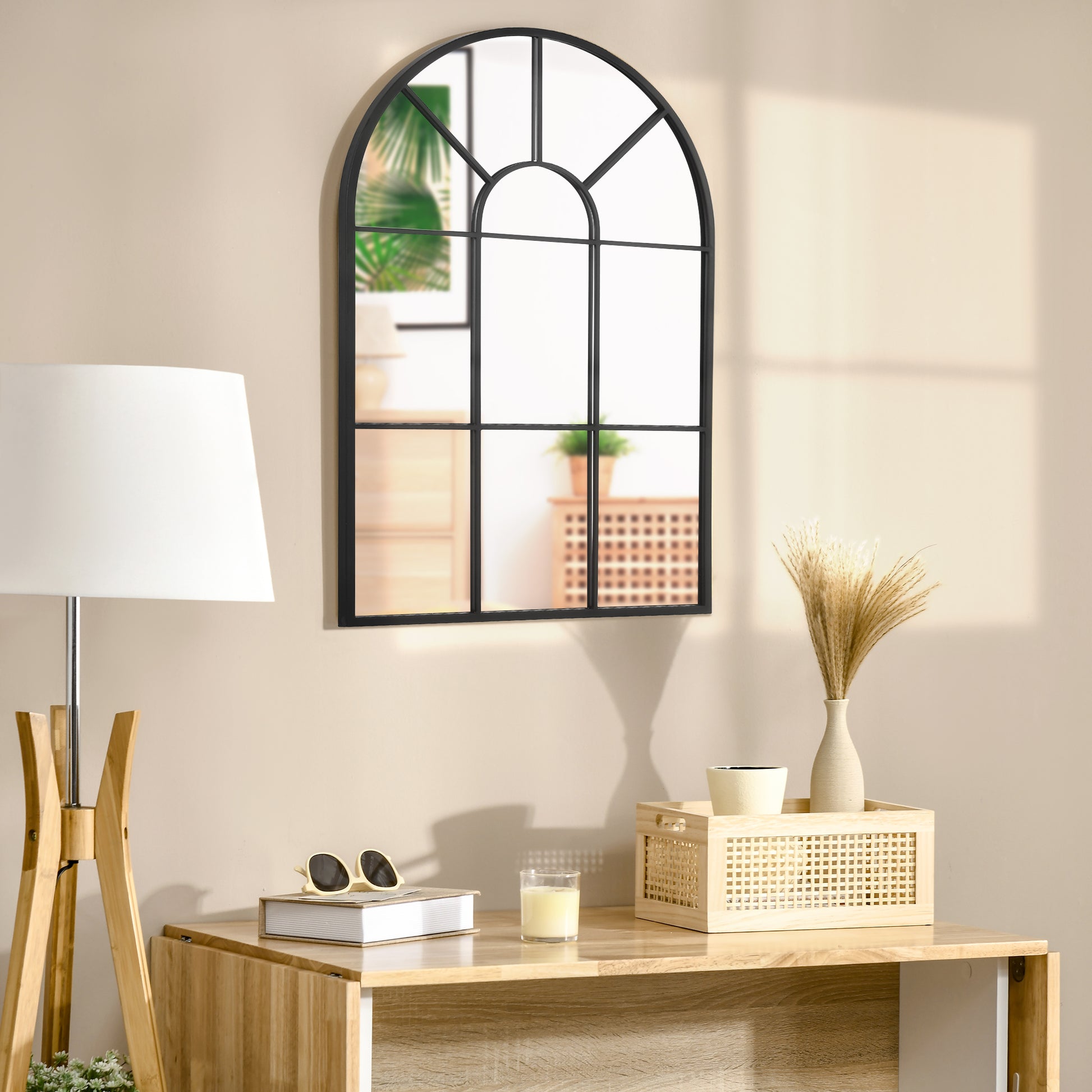 Wall Mirror 91 x 60 cm Window Mirror with Metal Frame Decorative Hanging Mirror Hall Mirror for Bedroom Living Room Black
