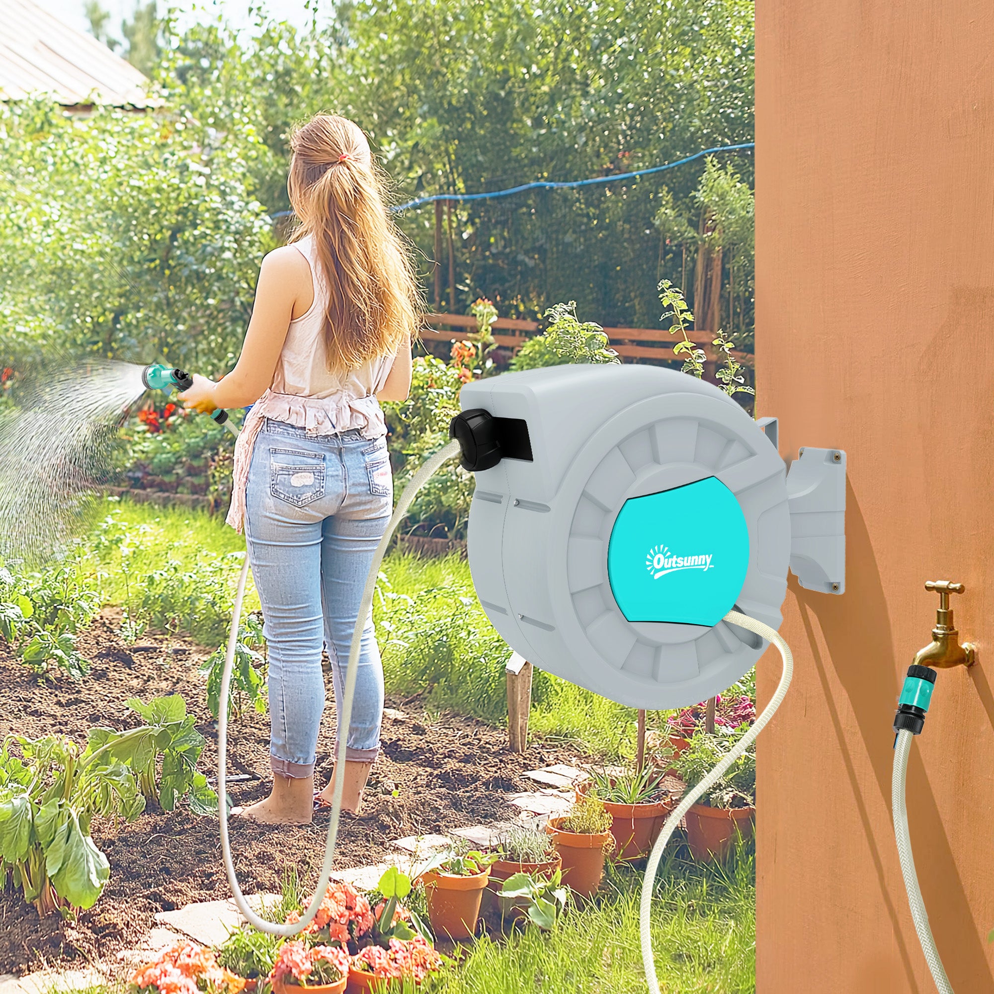 Retractable Garden Hose Reel with 30+2m Water Hose, 180° Swivel Wall-Mounted Automatic Hose Reel with Lock and 7 Sprays for Irrigation in PP, Green and Gray