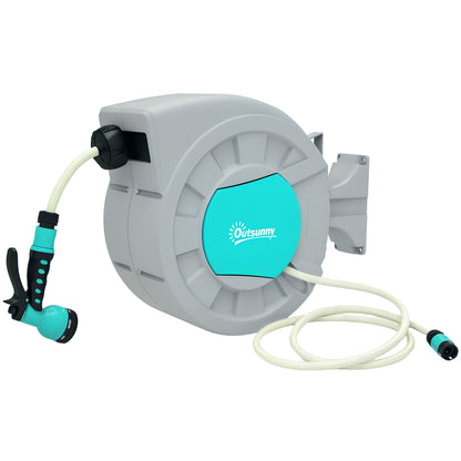 Retractable Garden Hose Reel with 30+2m Water Hose, 180° Swivel Wall-Mounted Automatic Hose Reel with Lock and 7 Sprays for Irrigation in PP, Green and Gray