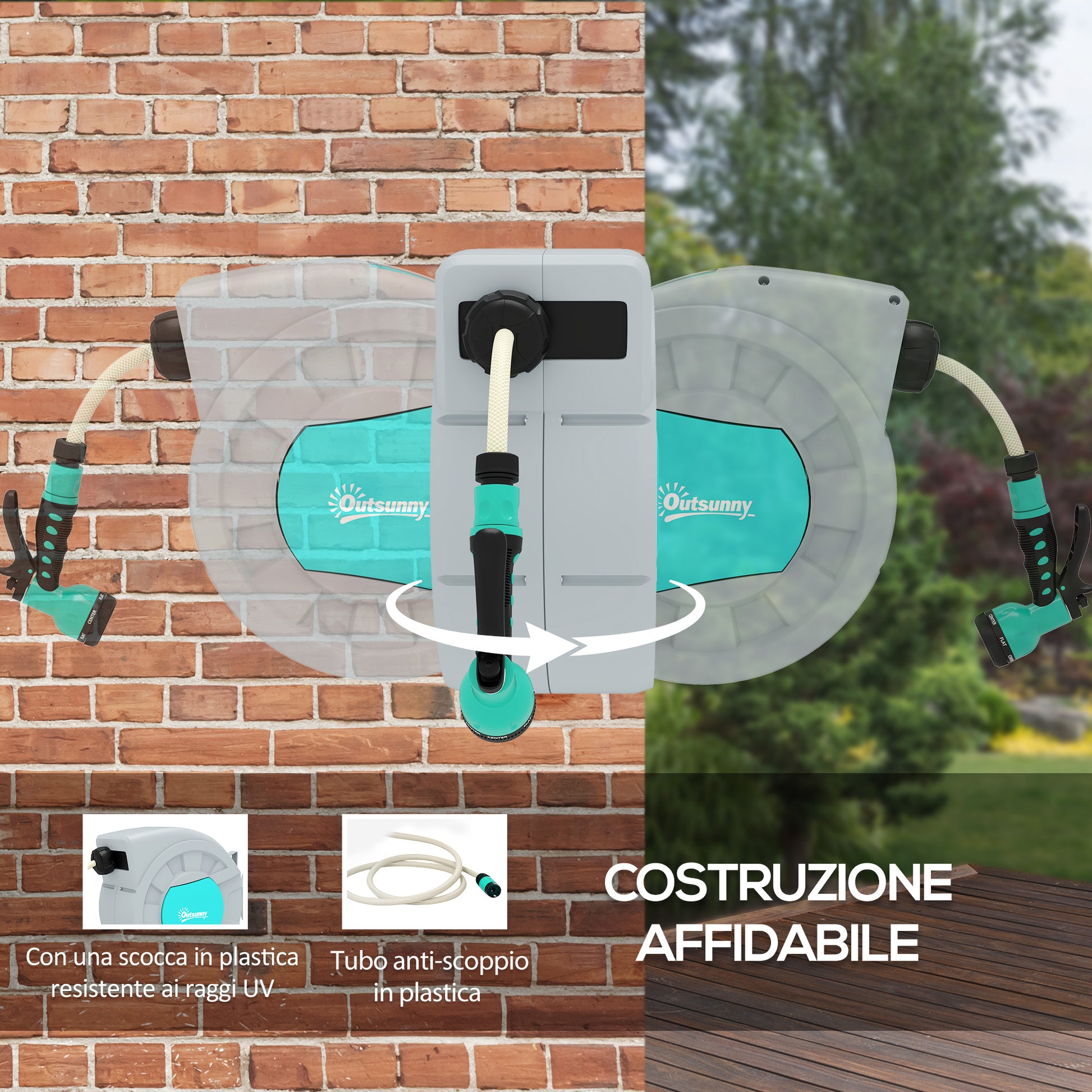 Retractable Garden Hose Reel with 30+2m Water Hose, 180° Swivel Wall-Mounted Automatic Hose Reel with Lock and 7 Sprays for Irrigation in PP, Green and Gray