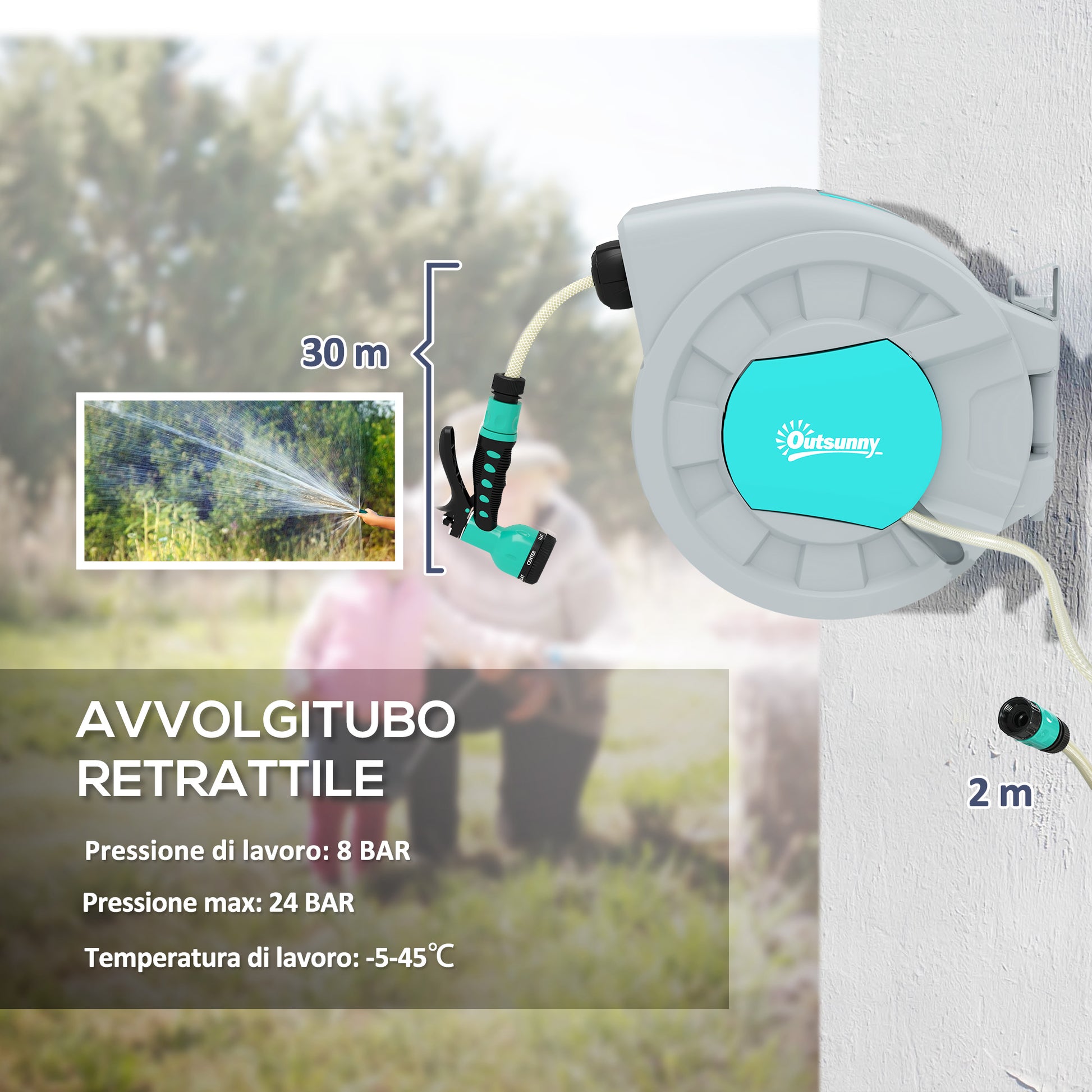 Retractable Garden Hose Reel with 30+2m Water Hose, 180° Swivel Wall-Mounted Automatic Hose Reel with Lock and 7 Sprays for Irrigation in PP, Green and Gray