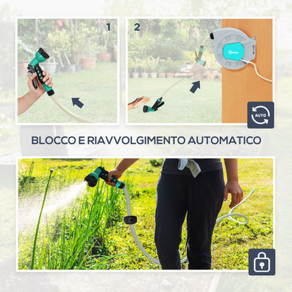 Retractable Garden Hose Reel with 30+2m Water Hose, 180° Swivel Wall-Mounted Automatic Hose Reel with Lock and 7 Sprays for Irrigation in PP, Green and Gray