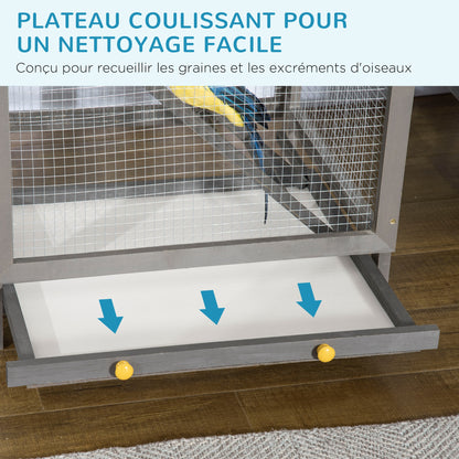 Large Solid Wood Bird Cage Aviary with 2 Doors Asphalt Roof Removable Tray - 68 x 63 x 165 cm Gray