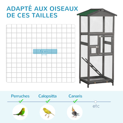 Large Solid Wood Bird Cage Aviary with 2 Doors Asphalt Roof Removable Tray - 68 x 63 x 165 cm Gray