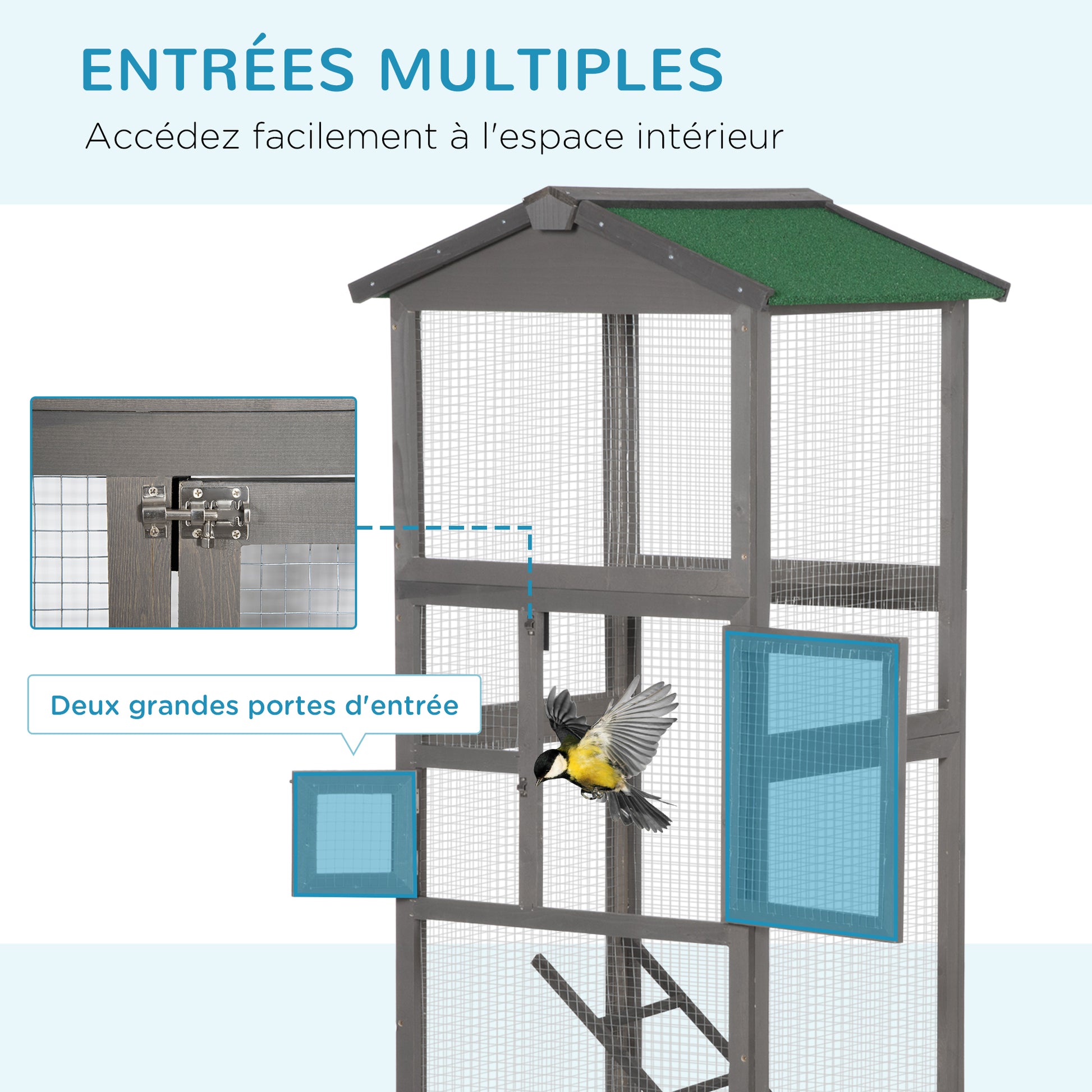 Large Solid Wood Bird Cage Aviary with 2 Doors Asphalt Roof Removable Tray - 68 x 63 x 165 cm Gray