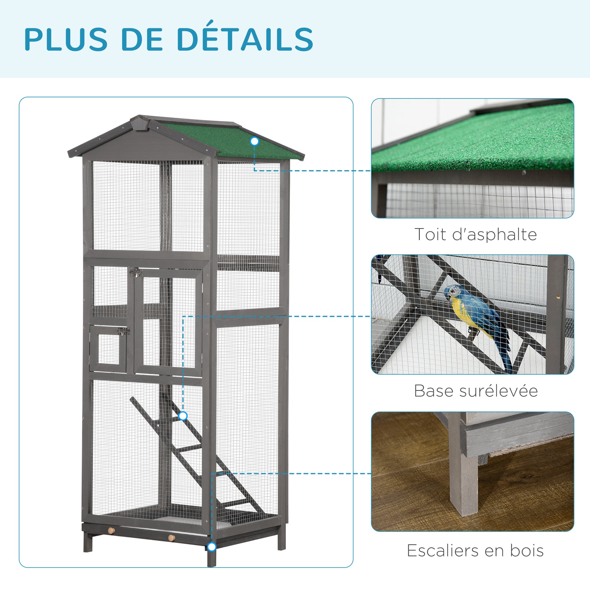 Large Solid Wood Bird Cage Aviary with 2 Doors Asphalt Roof Removable Tray - 68 x 63 x 165 cm Gray