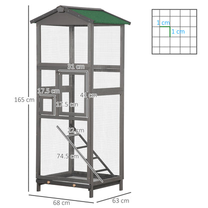 Large Solid Wood Bird Cage Aviary with 2 Doors Asphalt Roof Removable Tray - 68 x 63 x 165 cm Gray