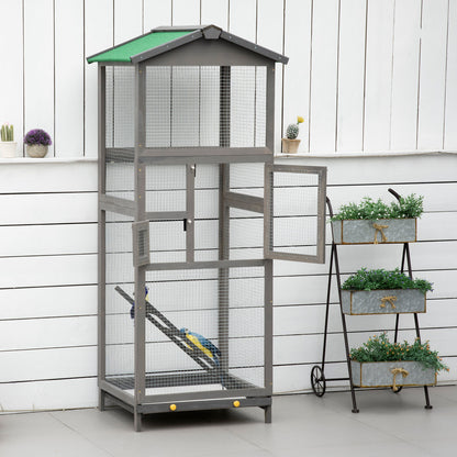 Large Solid Wood Bird Cage Aviary with 2 Doors Asphalt Roof Removable Tray - 68 x 63 x 165 cm Gray