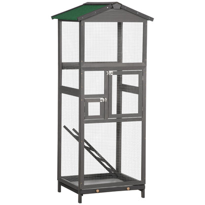 Large Solid Wood Bird Cage Aviary with 2 Doors Asphalt Roof Removable Tray - 68 x 63 x 165 cm Gray