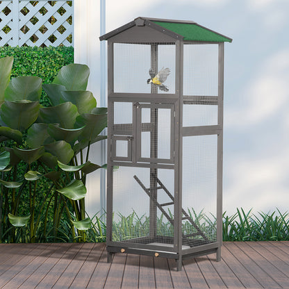 Large Solid Wood Bird Cage Aviary with 2 Doors Asphalt Roof Removable Tray - 68 x 63 x 165 cm Gray