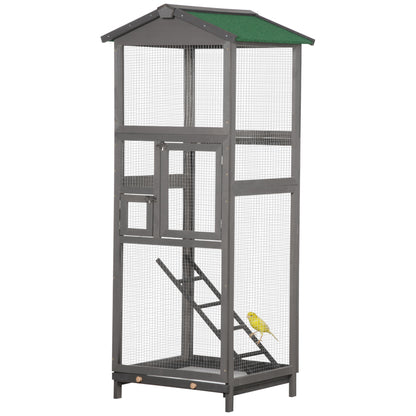 Large Solid Wood Bird Cage Aviary with 2 Doors Asphalt Roof Removable Tray - 68 x 63 x 165 cm Gray