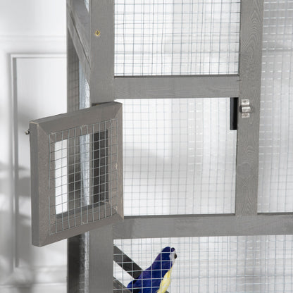 Large Solid Wood Bird Cage Aviary with 2 Doors Asphalt Roof Removable Tray - 68 x 63 x 165 cm Gray