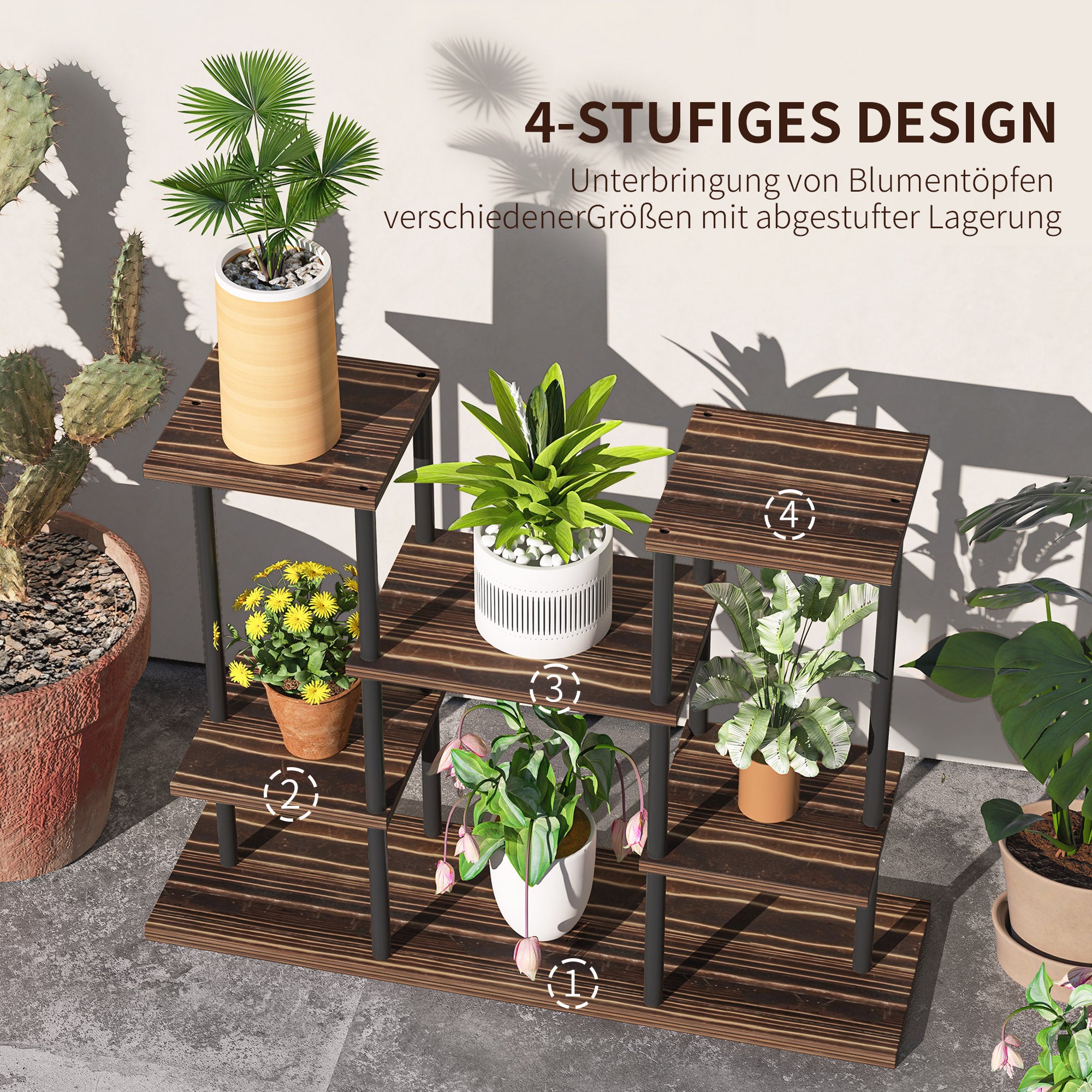 4-Tier Plant Stand, 61.5 cm High Flower Stand for Indoor Outdoor, Wooden Plant Shelf, Multi-level Flower Stand, Flower Step Plant Stand for Living Room, Garden Balcony, Charcoal