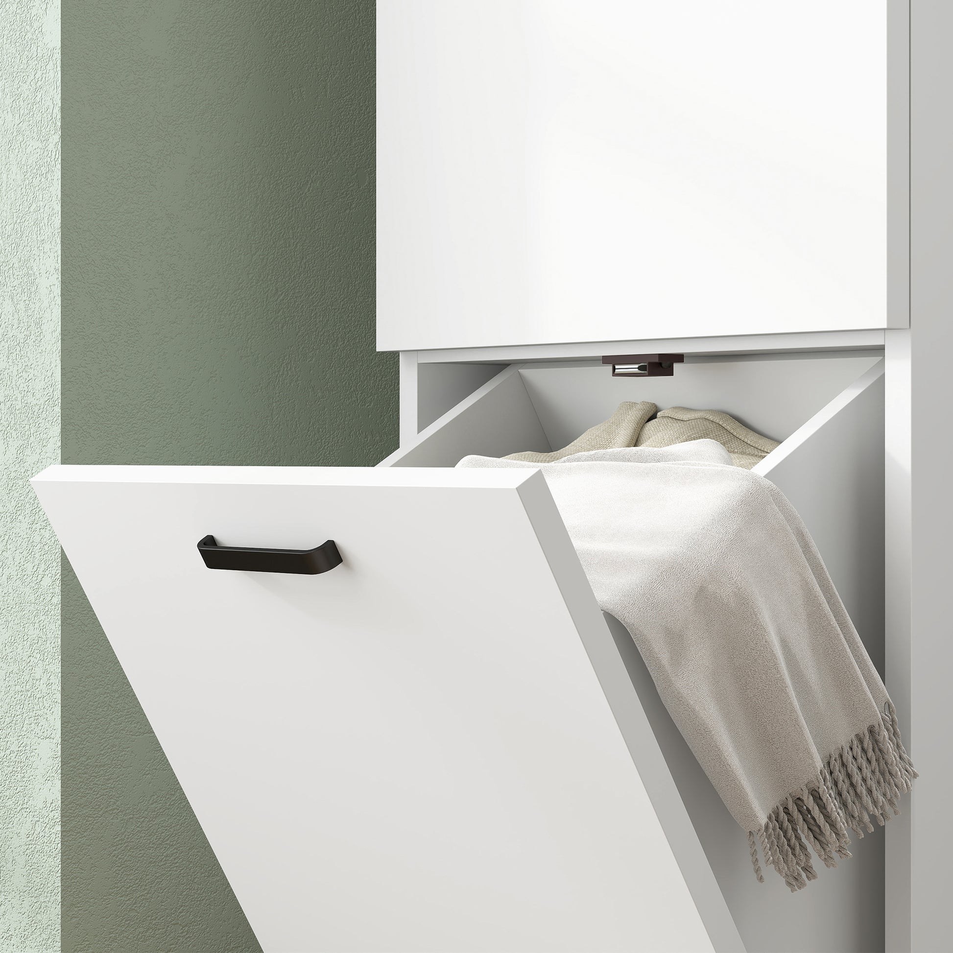 Tall Bathroom Cabinet with Laundry Basket Narrow Bathroom Column with Door and Shelves Auxiliary Furniture for Living Room Kitchen 13.78x12.4x56.69 inches White