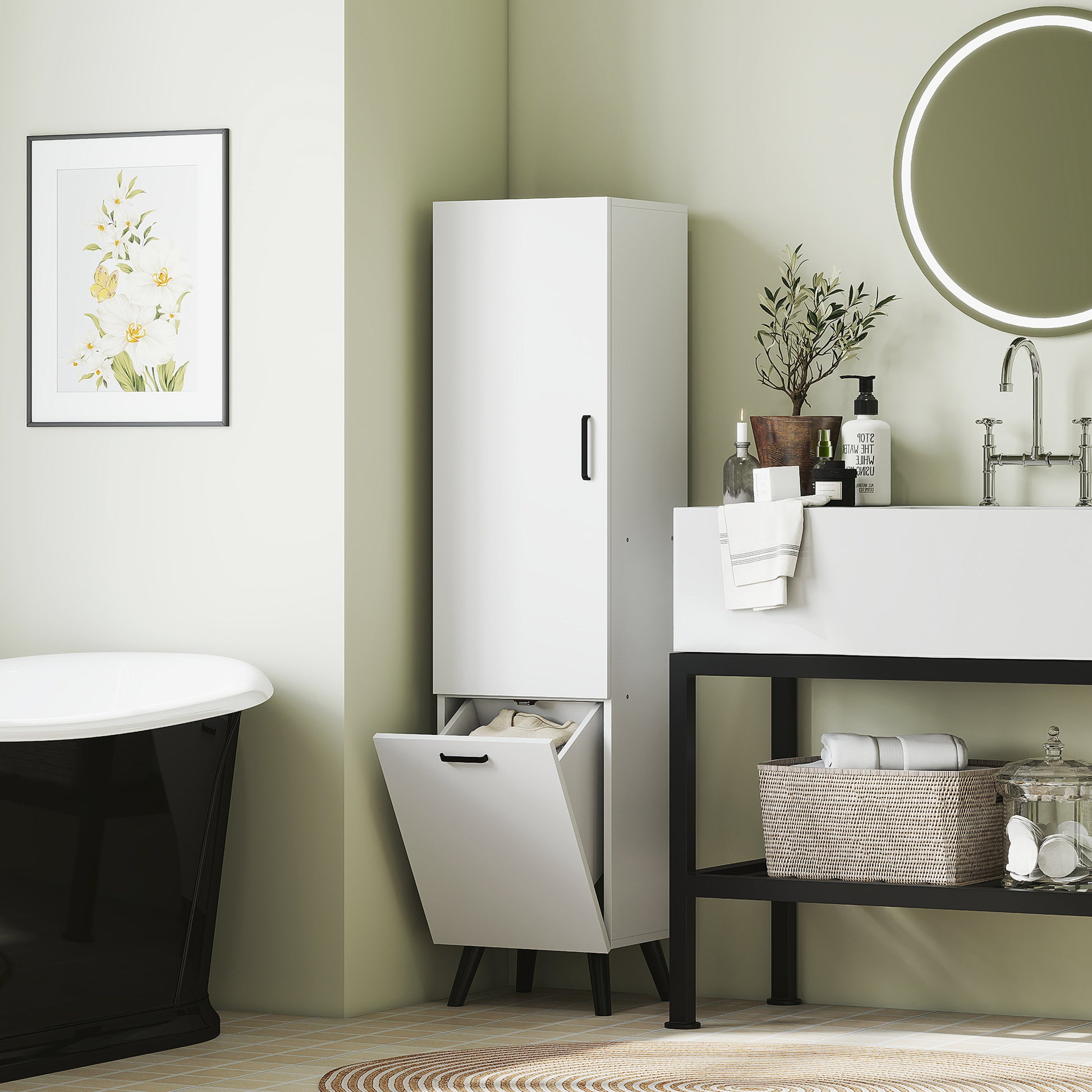 Tall Bathroom Cabinet with Laundry Basket Narrow Bathroom Column with Door and Shelves Auxiliary Furniture for Living Room Kitchen 13.78x12.4x56.69 inches White