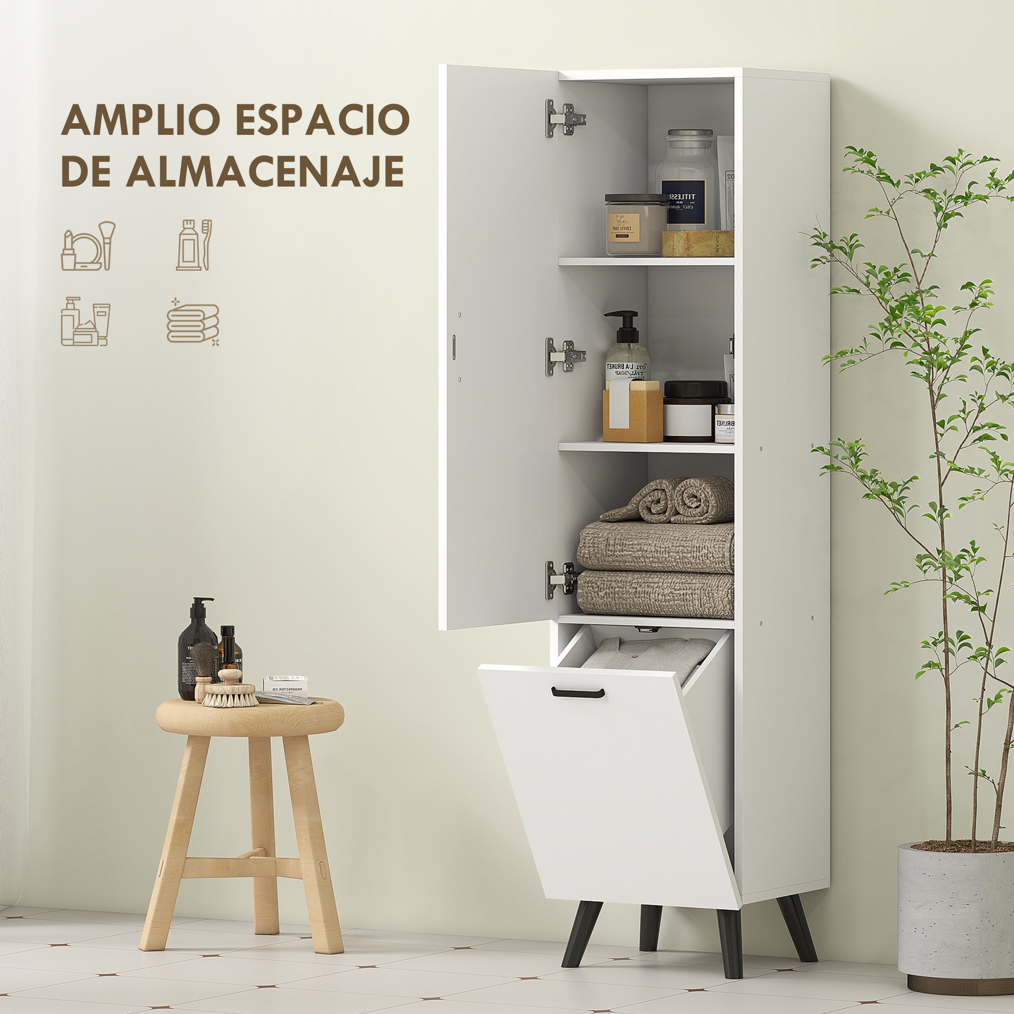 Tall Bathroom Cabinet with Laundry Basket Narrow Bathroom Column with Door and Shelves Auxiliary Furniture for Living Room Kitchen 13.78x12.4x56.69 inches White