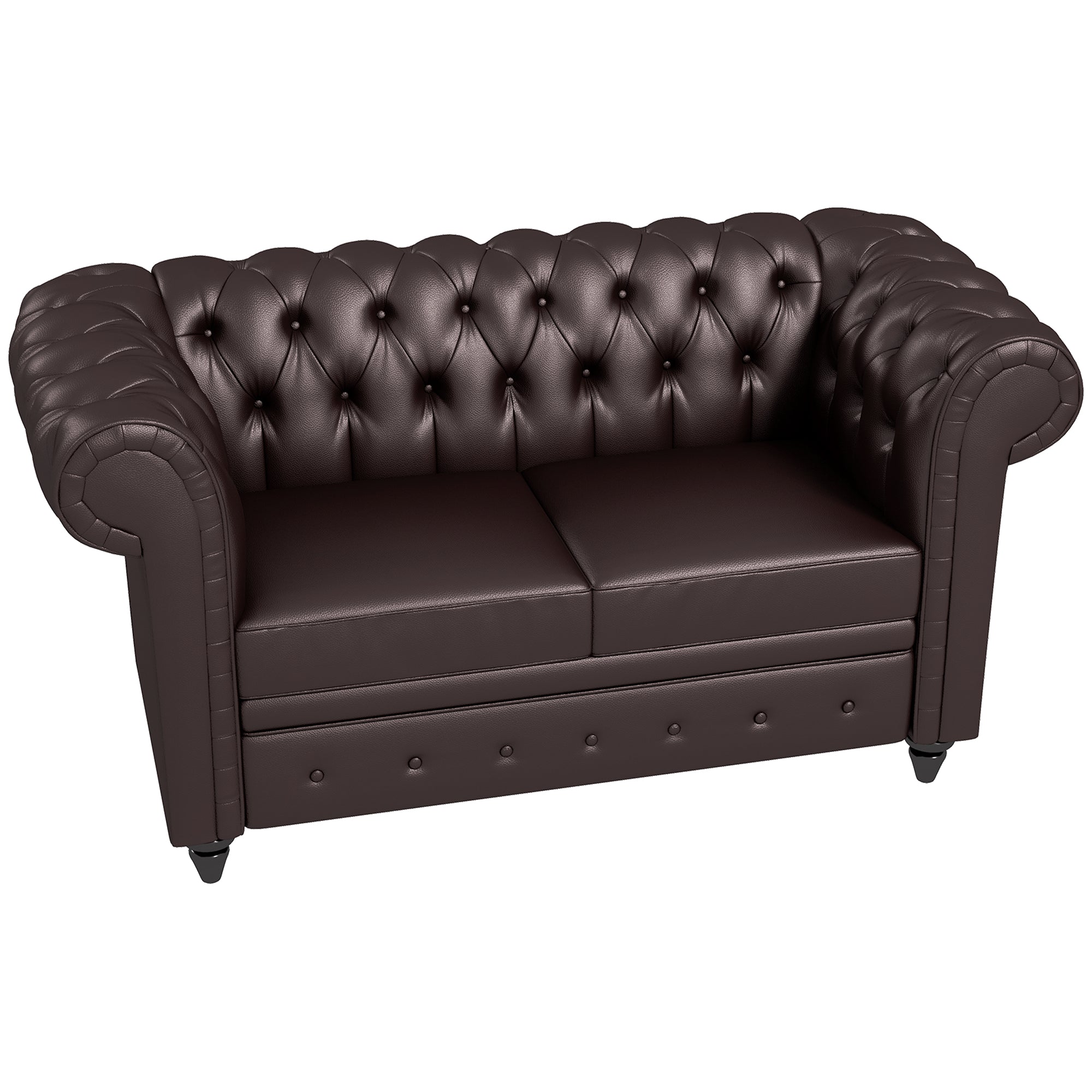 2-Seater Chesterfield Style Faux Leather Sofa, Quilted Loveseat with Arms and Thick Padding, Sofa with Rubber Wood Legs for Living Room and Office, Brown