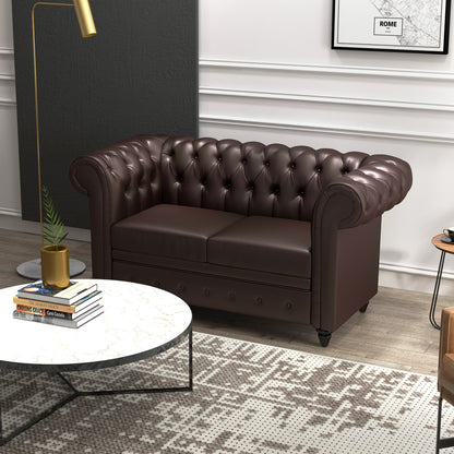 2-Seater Chesterfield Style Faux Leather Sofa, Quilted Loveseat with Arms and Thick Padding, Sofa with Rubber Wood Legs for Living Room and Office, Brown