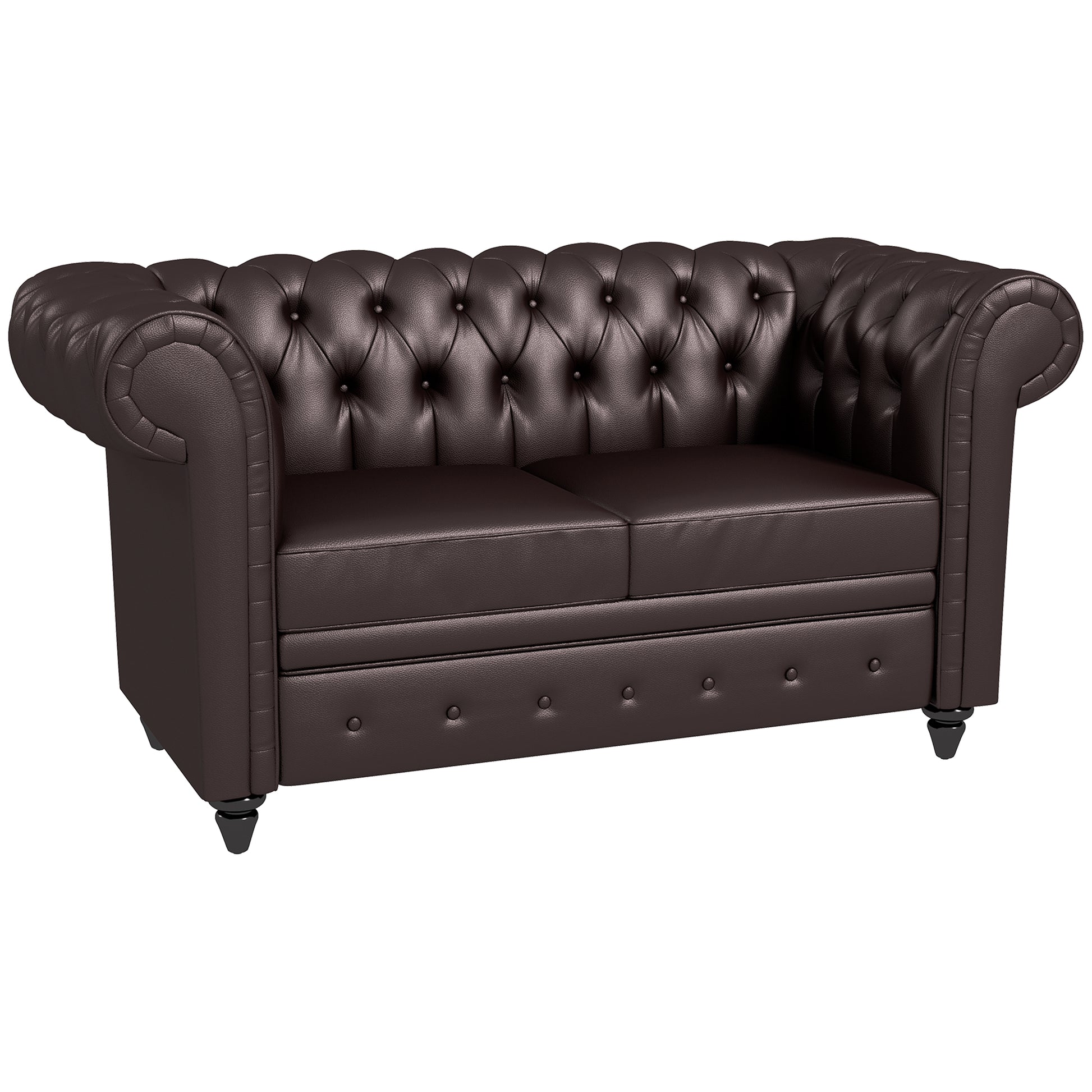 2-Seater Chesterfield Style Faux Leather Sofa, Quilted Loveseat with Arms and Thick Padding, Sofa with Rubber Wood Legs for Living Room and Office, Brown