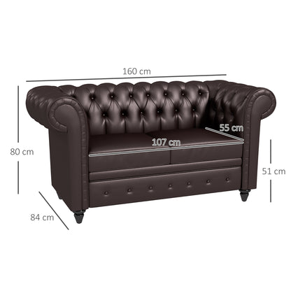 2-Seater Chesterfield Style Faux Leather Sofa, Quilted Loveseat with Arms and Thick Padding, Sofa with Rubber Wood Legs for Living Room and Office, Brown