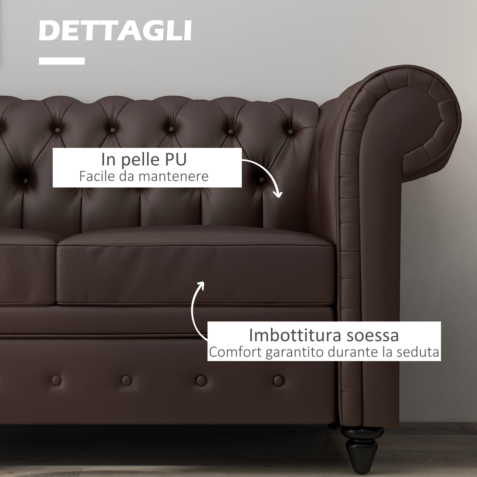 2-Seater Chesterfield Style Faux Leather Sofa, Quilted Loveseat with Arms and Thick Padding, Sofa with Rubber Wood Legs for Living Room and Office, Brown