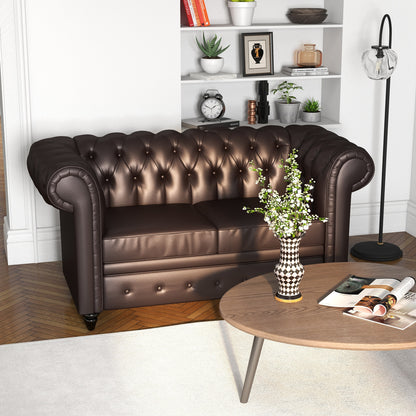 2-Seater Chesterfield Style Faux Leather Sofa, Quilted Loveseat with Arms and Thick Padding, Sofa with Rubber Wood Legs for Living Room and Office, Brown