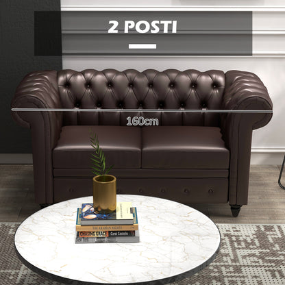 2-Seater Chesterfield Style Faux Leather Sofa, Quilted Loveseat with Arms and Thick Padding, Sofa with Rubber Wood Legs for Living Room and Office, Brown