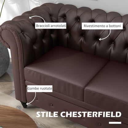 2-Seater Chesterfield Style Faux Leather Sofa, Quilted Loveseat with Arms and Thick Padding, Sofa with Rubber Wood Legs for Living Room and Office, Brown