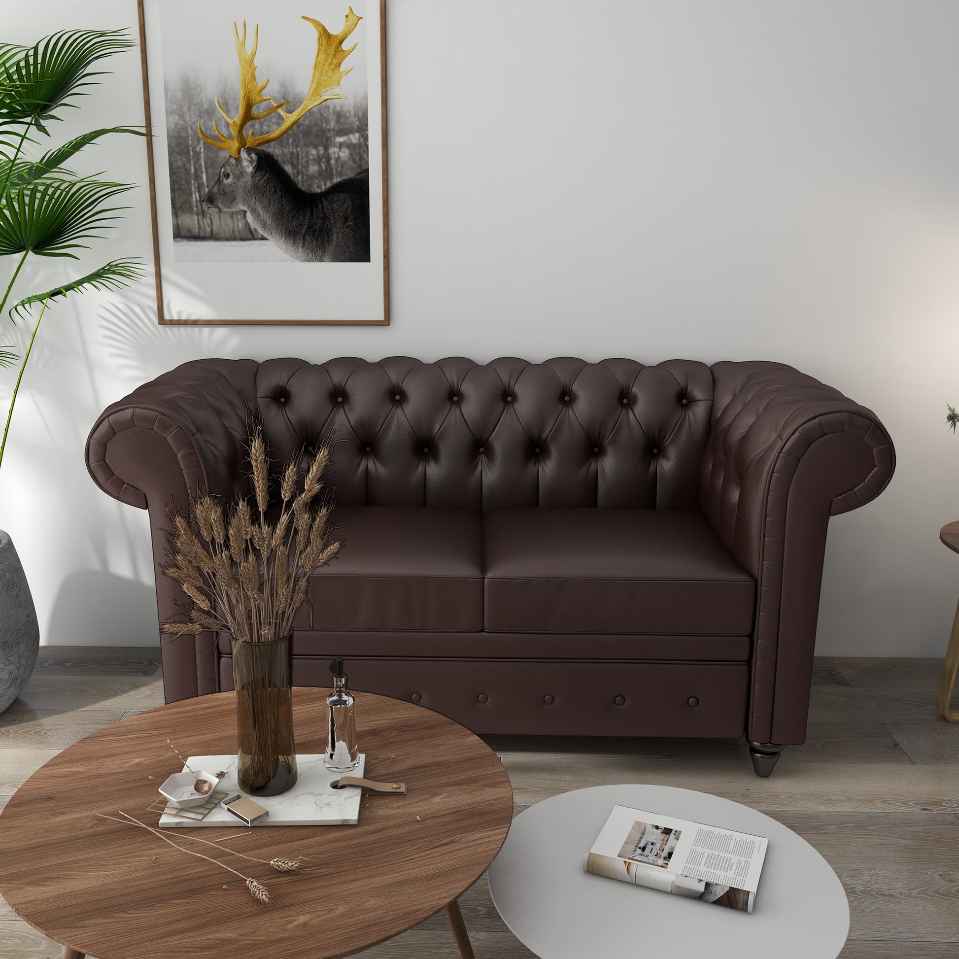 2-Seater Chesterfield Style Faux Leather Sofa, Quilted Loveseat with Arms and Thick Padding, Sofa with Rubber Wood Legs for Living Room and Office, Brown