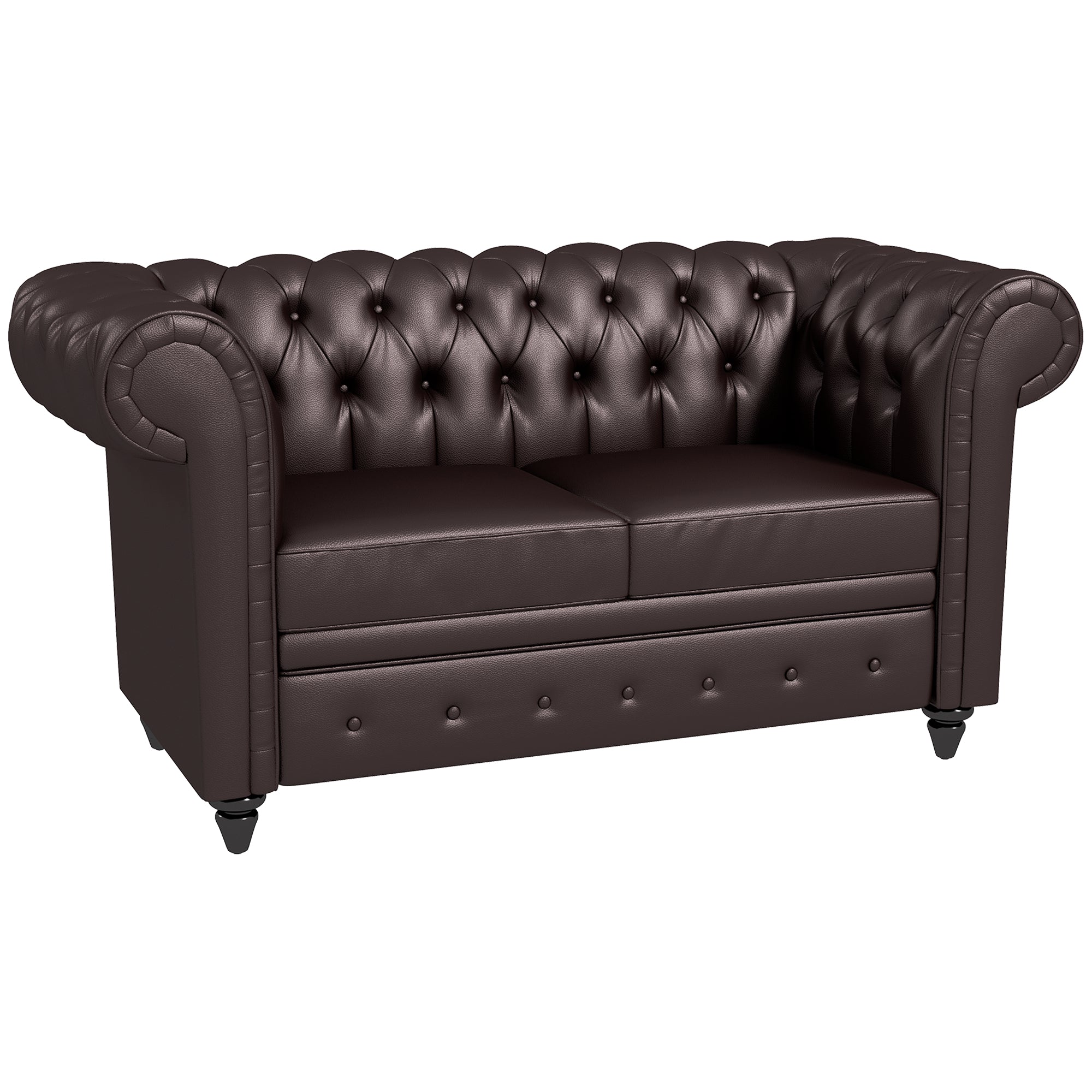 2-Seater Chesterfield Style Faux Leather Sofa, Quilted Loveseat with Arms and Thick Padding, Sofa with Rubber Wood Legs for Living Room and Office, Brown