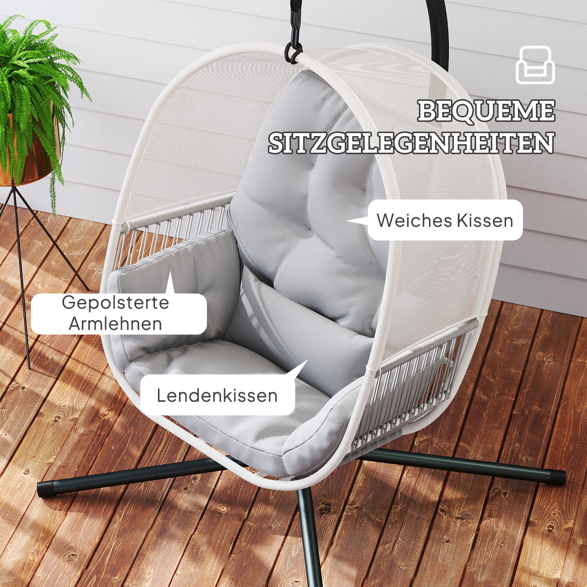 Hanging Chair with Stand, Egg-shaped Hanging Swing with Soft, Deep Cushion, Seat Pads, Hammock for Outdoor Hanging Seat Outdoor, Patio, Garden, Light Grey