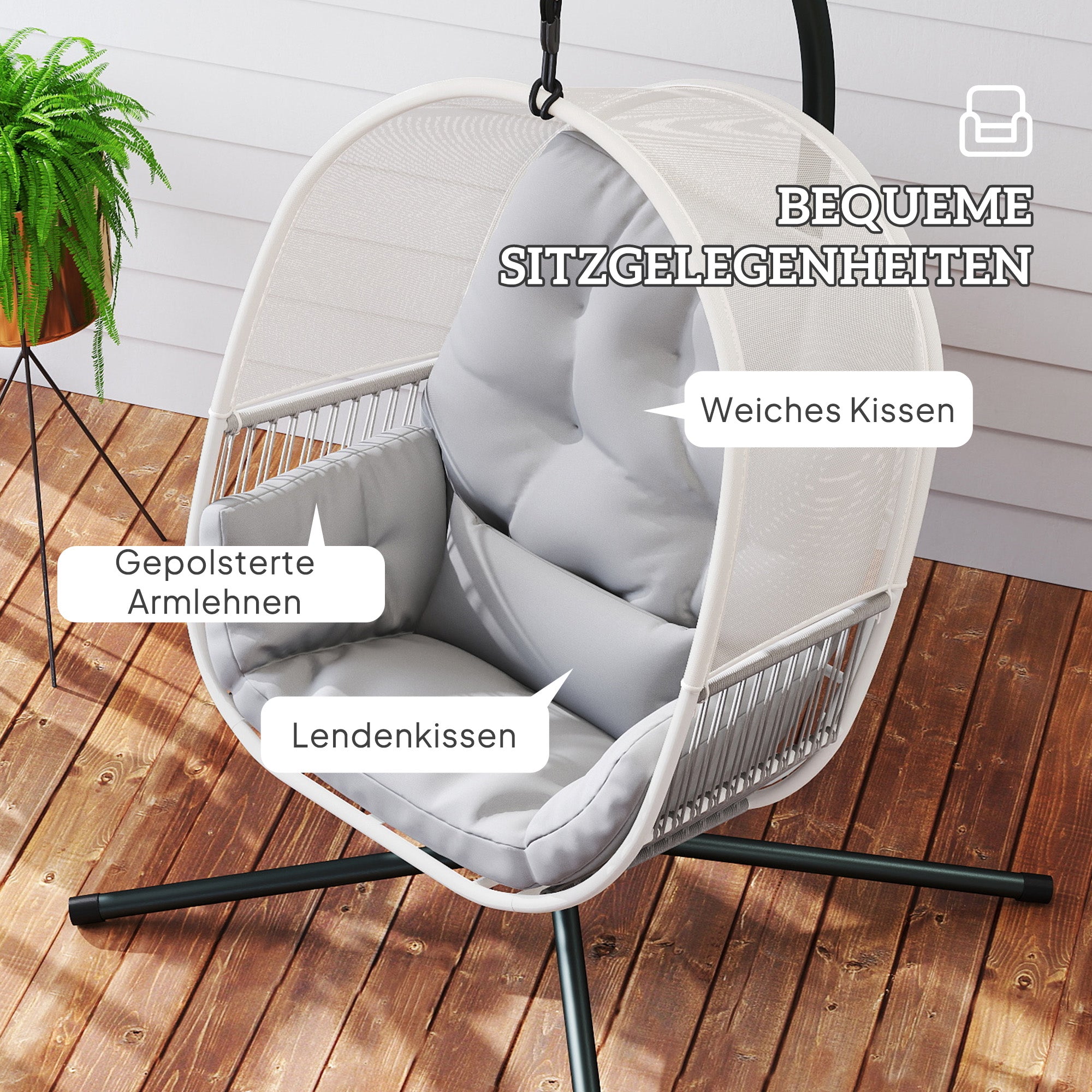 Hanging Chair with Stand, Egg-shaped Hanging Swing with Soft, Deep Cushion, Seat Pads, Hammock for Outdoor Hanging Seat Outdoor, Patio, Garden, Light Grey
