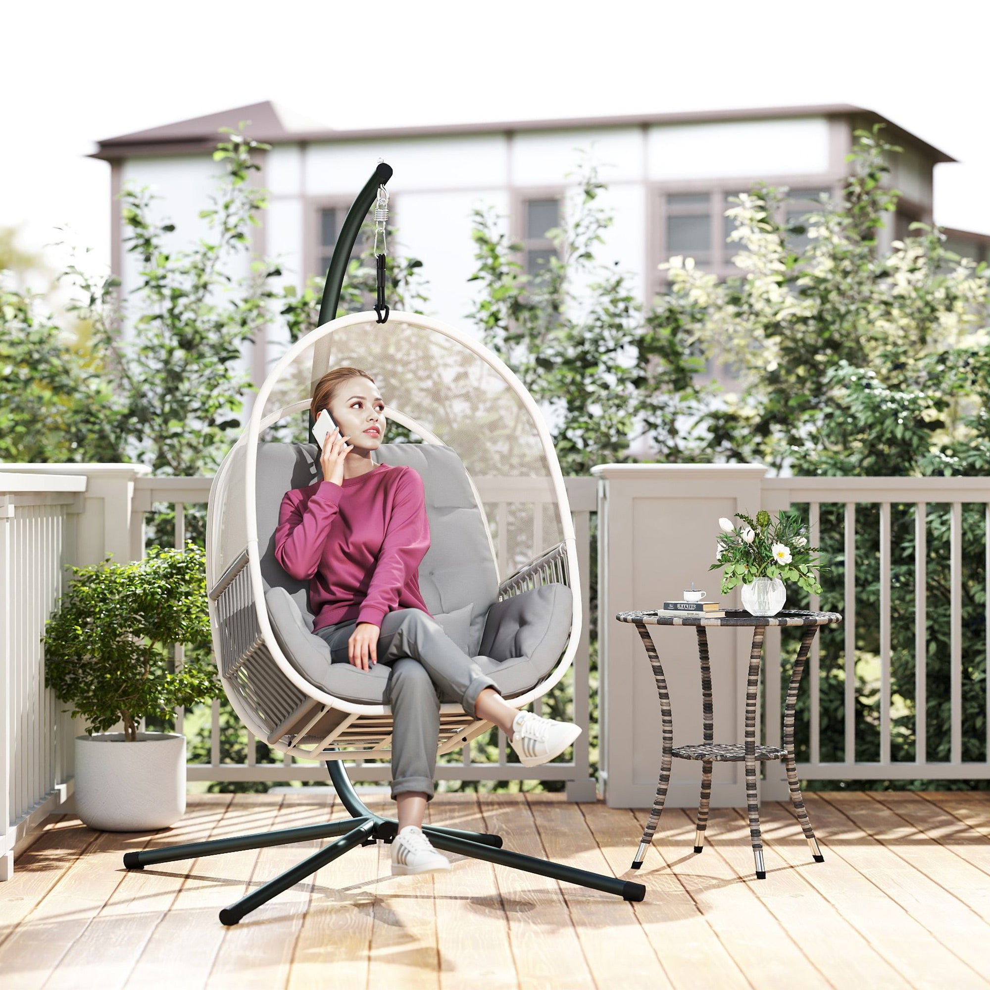 Hanging Chair with Stand, Egg-shaped Hanging Swing with Soft, Deep Cushion, Seat Pads, Hammock for Outdoor Hanging Seat Outdoor, Patio, Garden, Light Grey