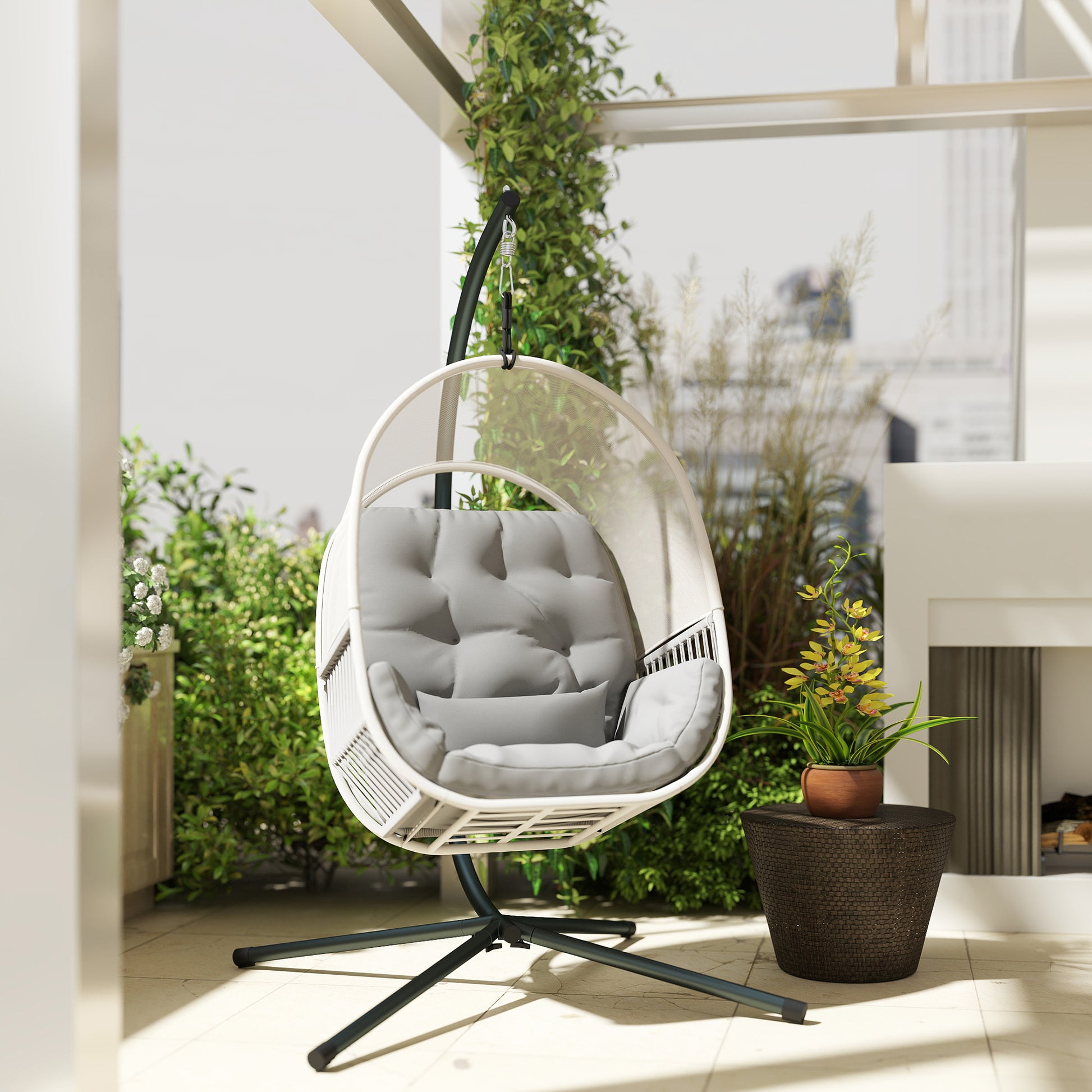 Hanging Chair with Stand, Egg-shaped Hanging Swing with Soft, Deep Cushion, Seat Pads, Hammock for Outdoor Hanging Seat Outdoor, Patio, Garden, Light Grey