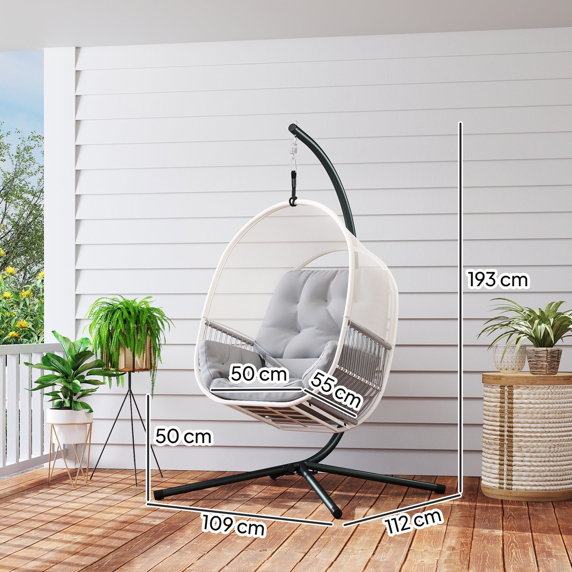 Hanging Chair with Stand, Egg-shaped Hanging Swing with Soft, Deep Cushion, Seat Pads, Hammock for Outdoor Hanging Seat Outdoor, Patio, Garden, Light Grey