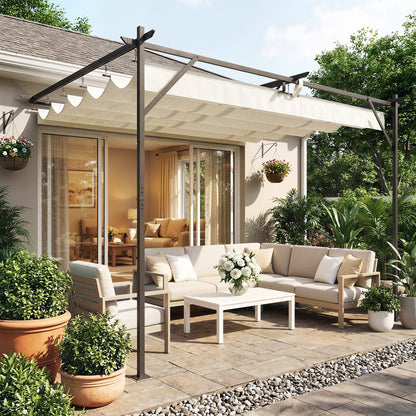 4 x 3 m (approx. 13 x 9.8 ft) Wall-Mounted Garden Pergola with Retractable Roof, UPF30+ Protection, Drainage Holes & Metal Frame — Cream