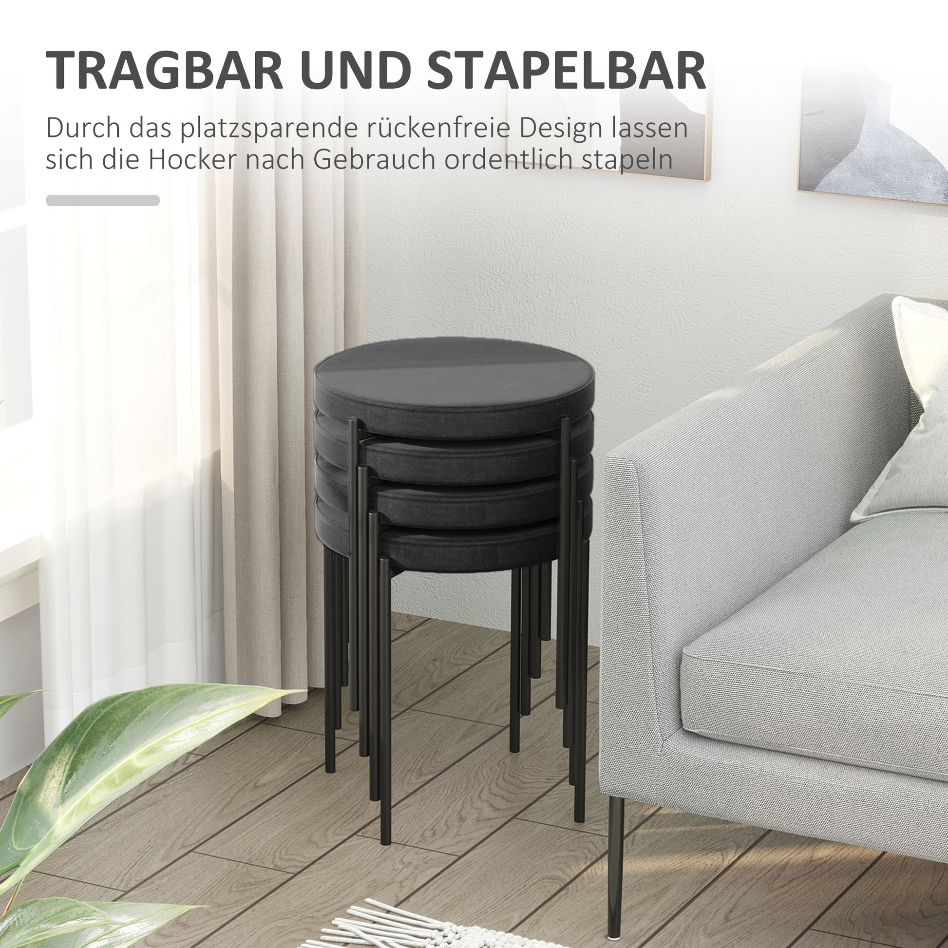 Set of 4 Stackable Dining Chairs Kitchen Chairs with Padded Seat, Velvet-like Fabric Dining Stools Velvet for Kitchen Dining Room Metal Black 41.5 x 41.5 x 46 cm
