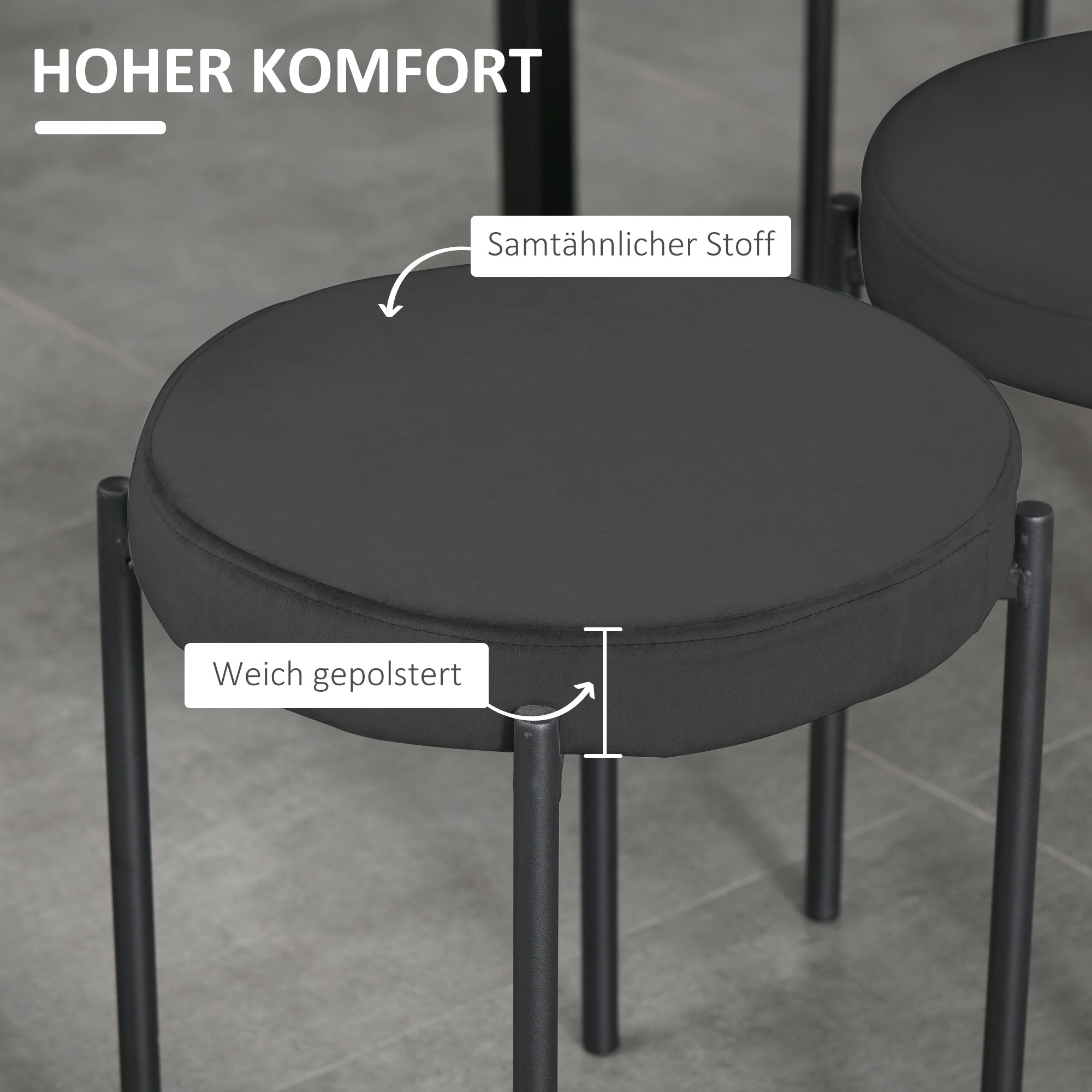 Set of 4 Stackable Dining Chairs Kitchen Chairs with Padded Seat, Velvet-like Fabric Dining Stools Velvet for Kitchen Dining Room Metal Black 41.5 x 41.5 x 46 cm